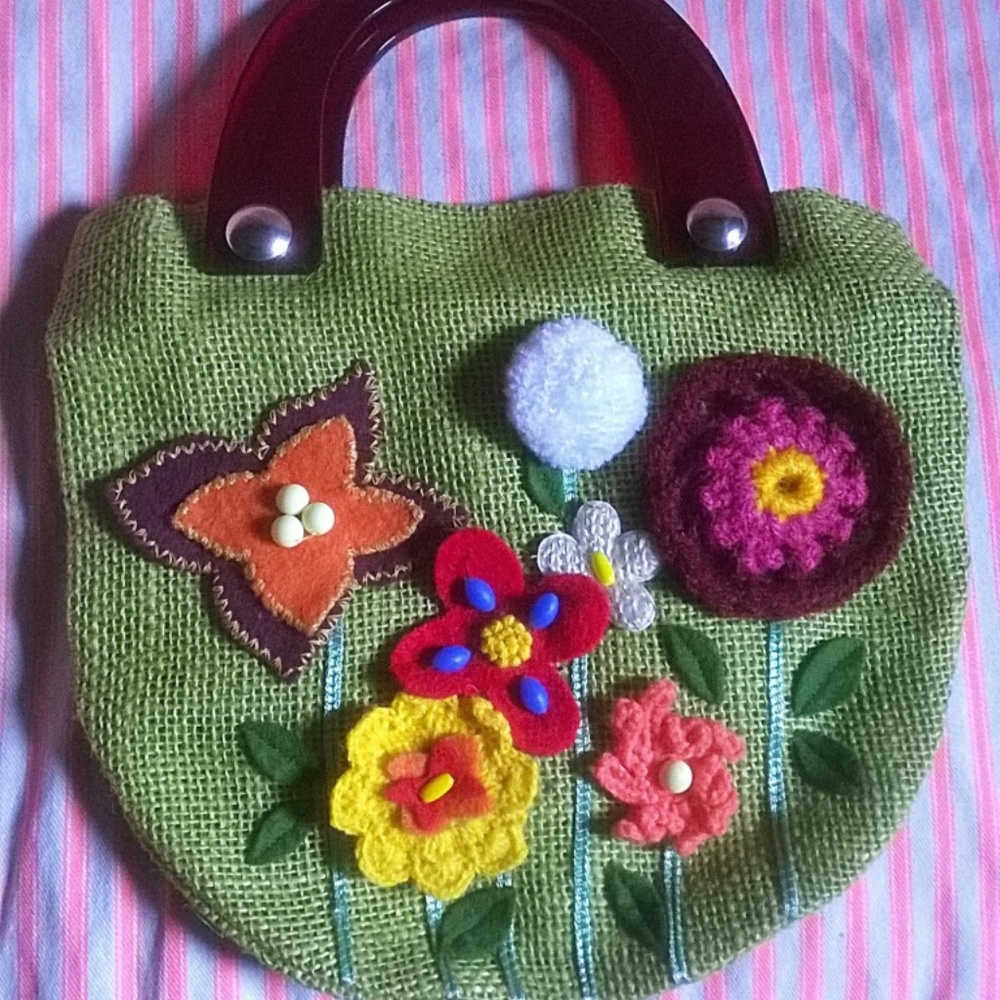 NWOT Handmade Small Tote with Crocheted Blooms